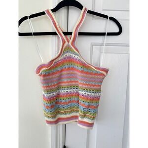 Alterd State Cropped Knit Halter Top Rainbow Striped Open Knit Women's Size XS